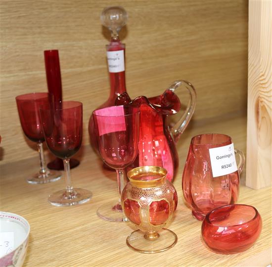 Nine pieces of Victorian cranberry glassware